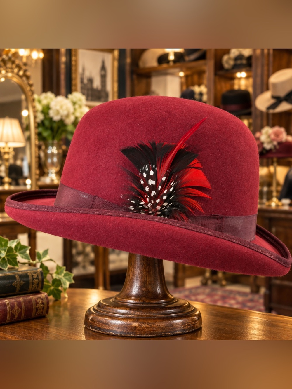 Royal Stallion Handmade 100% Wool Burgundy Feather Hat L  Designed in England